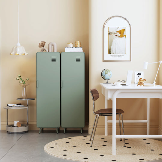walnut locker cabinet - grey metal - modern storage for bedroom or home office
