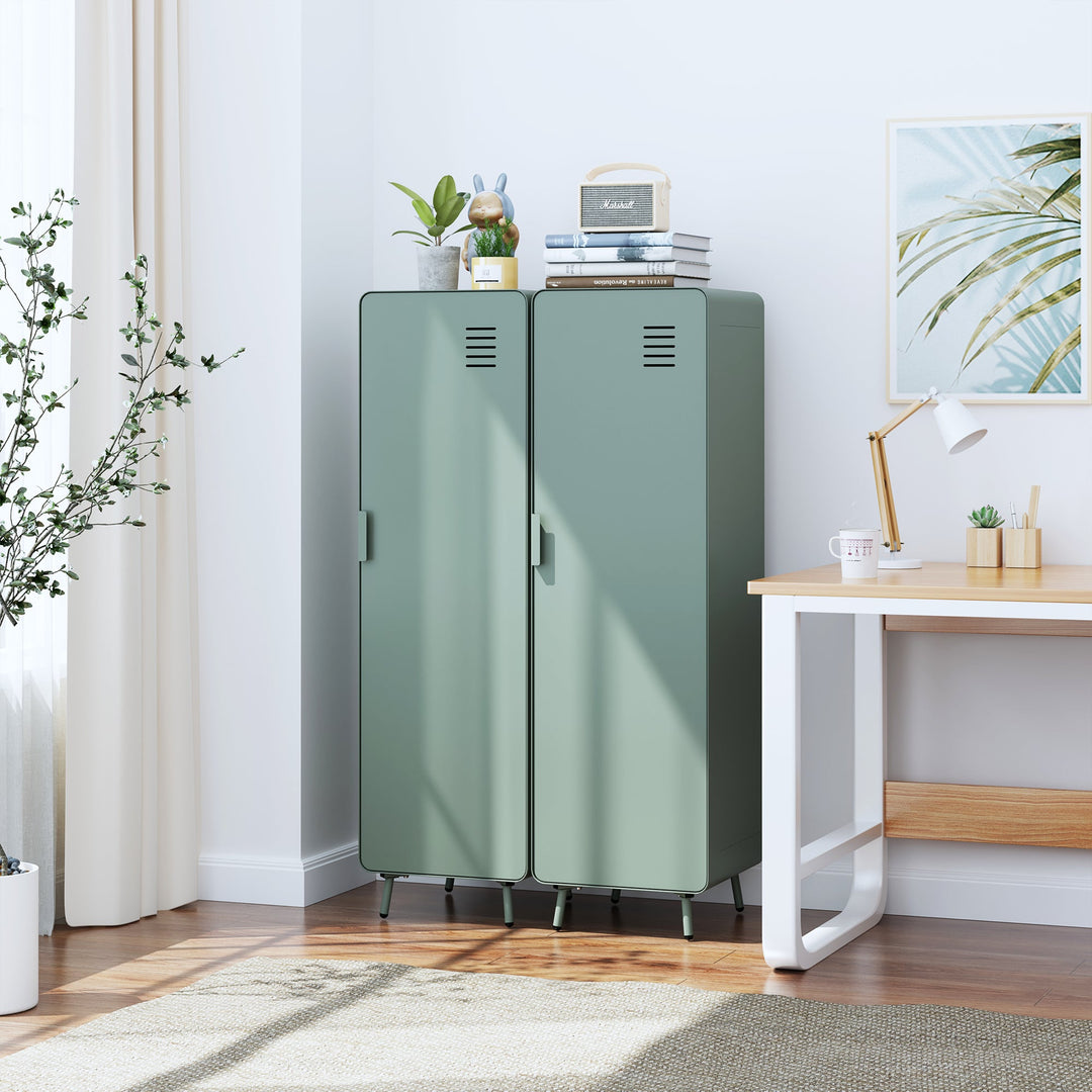 walnut locker cabinet - grey metal - modern storage for bedroom or home office