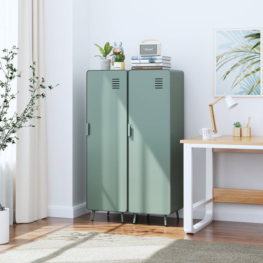 walnut locker cabinet - grey metal - modern storage for bedroom or home office