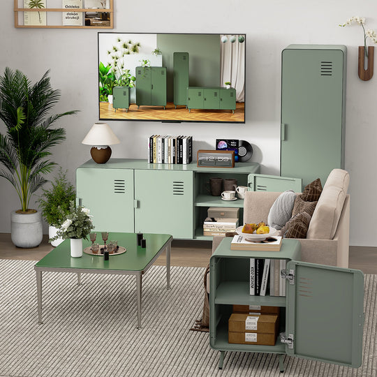 walnut locker cabinet - grey metal - modern storage for bedroom or home office