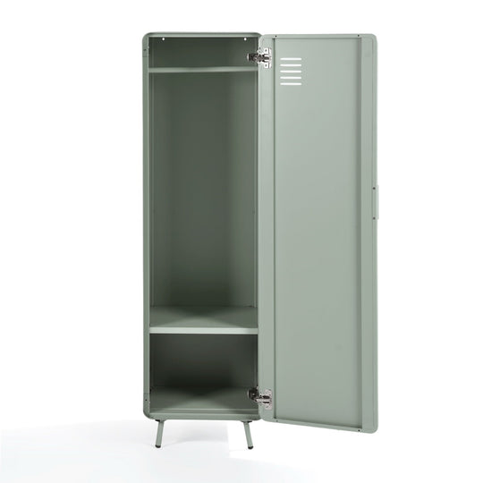 walnut locker cabinet - grey metal - modern storage for bedroom or home office