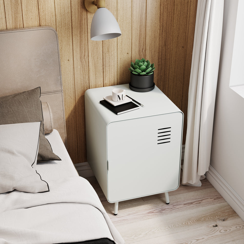 walnut nightstand - blue metal - compact bedside storage for bedroom or dorm room
