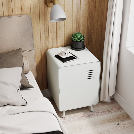 walnut nightstand - blue metal - compact bedside storage for bedroom or dorm room
