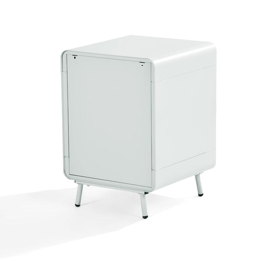 walnut nightstand - blue metal - compact bedside storage for bedroom or dorm room