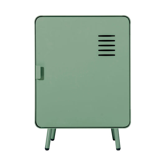 walnut nightstand - green metal - compact bedside storage for bedroom or dorm room