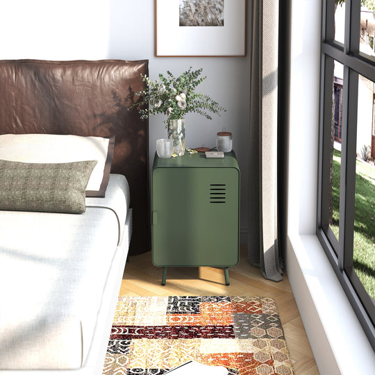 walnut nightstand - green metal - compact bedside storage for bedroom or dorm room