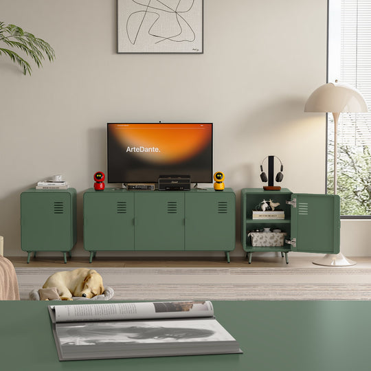 walnut nightstand - green metal - compact bedside storage for bedroom or dorm room