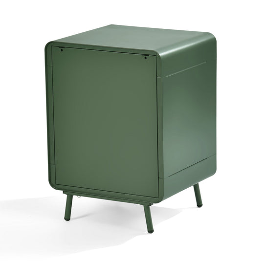walnut nightstand - green metal - compact bedside storage for bedroom or dorm room