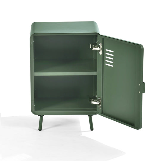 walnut nightstand - green metal - compact bedside storage for bedroom or dorm room