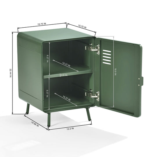 walnut nightstand - green metal - compact bedside storage for bedroom or dorm room