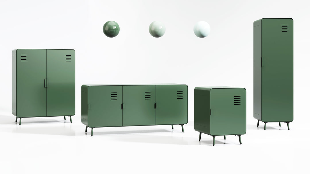 walnut nightstand - green metal - compact bedside storage for bedroom or dorm room