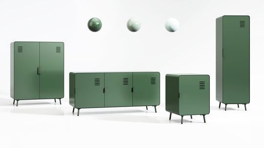 walnut nightstand - green metal - compact bedside storage for bedroom or dorm room