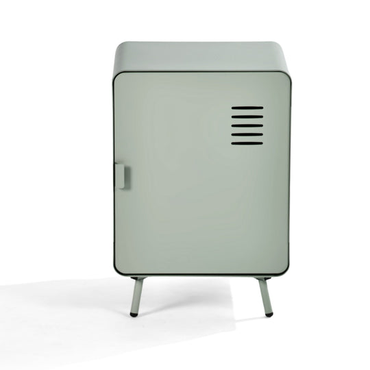 walnut nightstand - grey metal - compact bedside storage for bedroom or dorm room