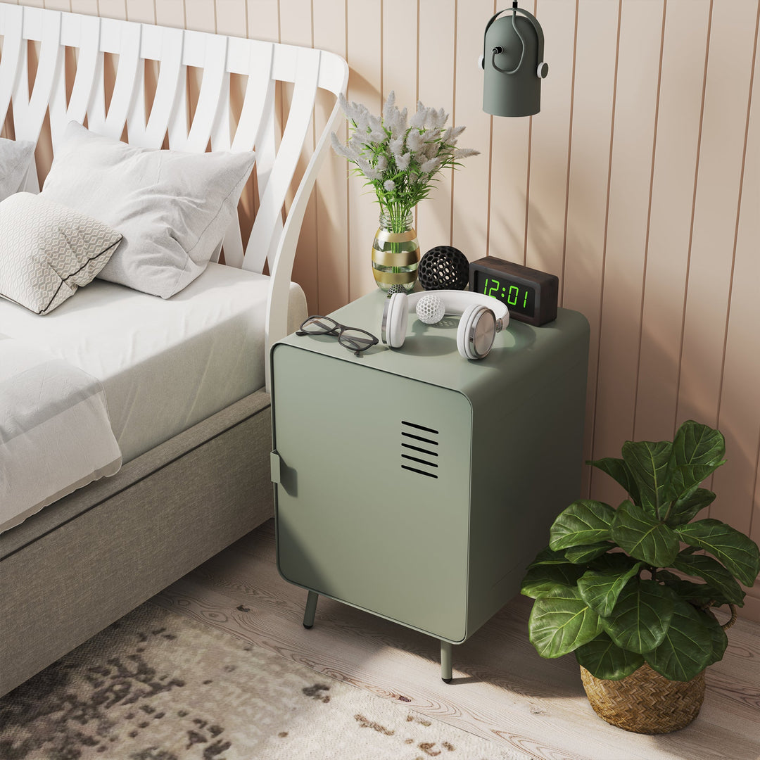 walnut nightstand - grey metal - compact bedside storage for bedroom or dorm room