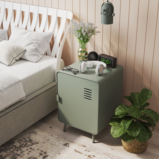 walnut nightstand - grey metal - compact bedside storage for bedroom or dorm room