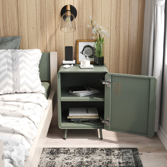 walnut nightstand - grey metal - compact bedside storage for bedroom or dorm room
