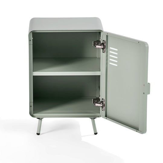 walnut nightstand - grey metal - compact bedside storage for bedroom or dorm room