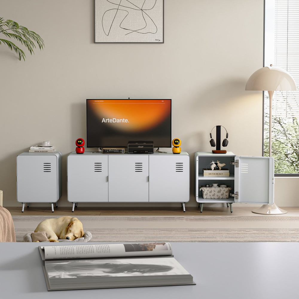 walnut tv stand - blue metal - modern media console for living room or entertainment area






