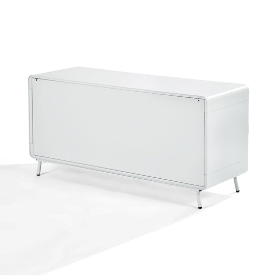 walnut tv stand - blue metal - modern media console for living room or entertainment area






