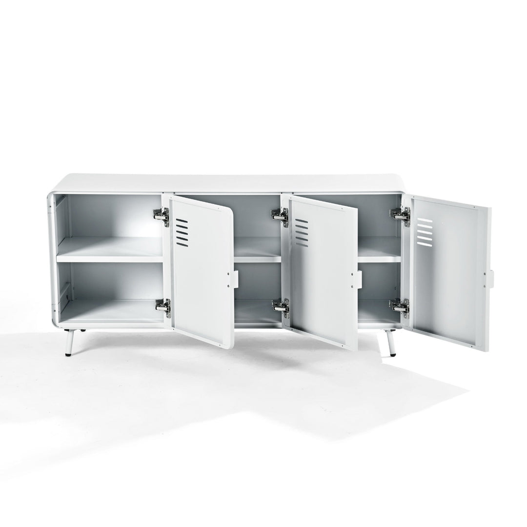 walnut tv stand - blue metal - modern media console for living room or entertainment area






