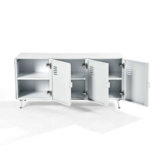 walnut tv stand - blue metal - modern media console for living room or entertainment area






