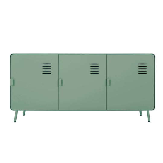 walnut tv stand - blue metal - modern media console for living room or entertainment area






