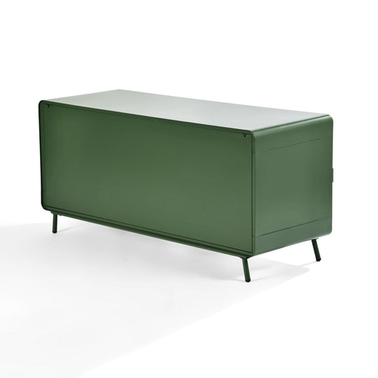 walnut tv stand - blue metal - modern media console for living room or entertainment area







