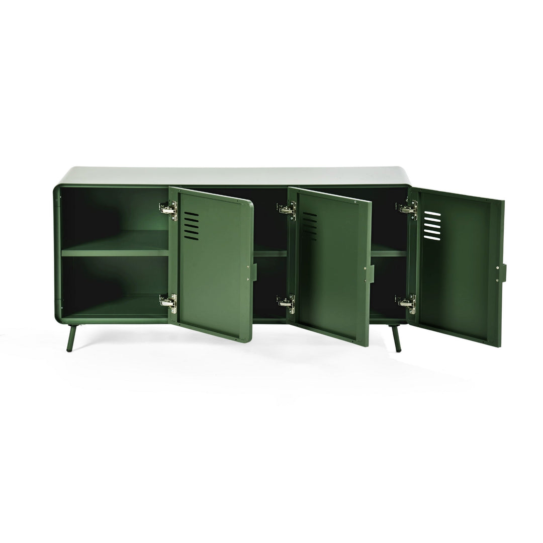 walnut tv stand - blue metal - modern media console for living room or entertainment area






