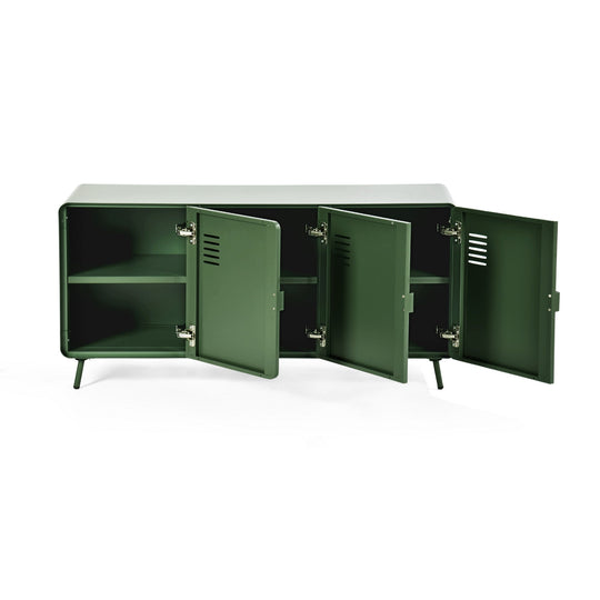 walnut tv stand - blue metal - modern media console for living room or entertainment area






