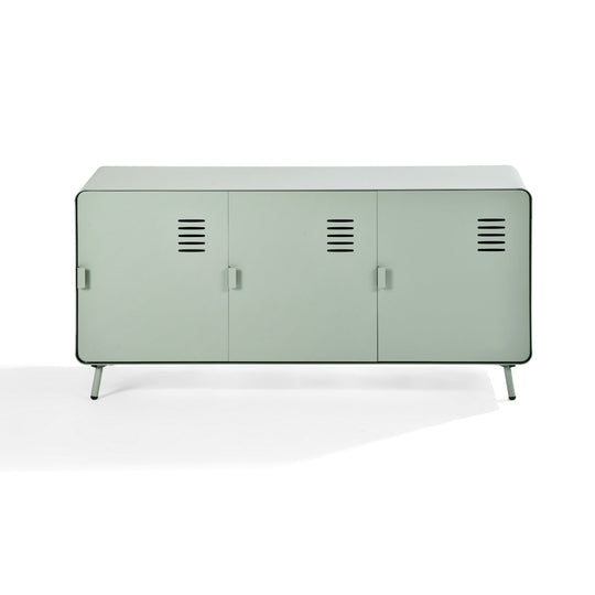 walnut tv stand - blue metal - modern media console for living room or entertainment area






