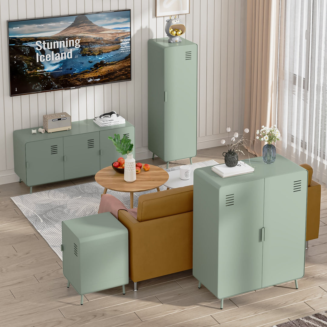 walnut tv stand - blue metal - modern media console for living room or entertainment area






