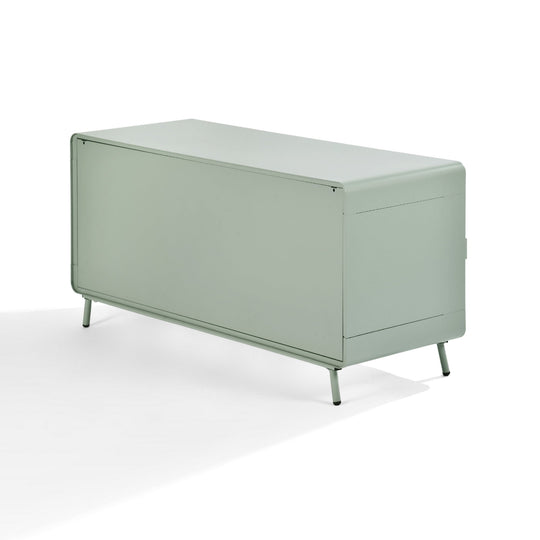 walnut tv stand - blue metal - modern media console for living room or entertainment area






