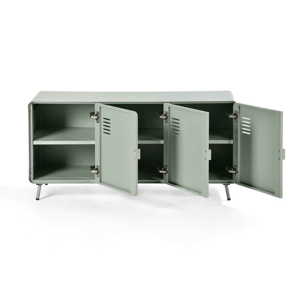walnut tv stand - blue metal - modern media console for living room or entertainment area






