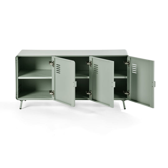 walnut tv stand - blue metal - modern media console for living room or entertainment area






