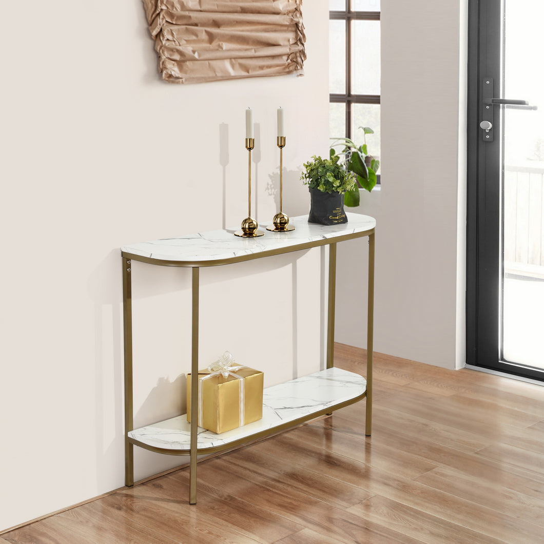 Homy Casa 39.4 in. White Manufactured Wood Top Half Moon Gold Metal Frame Console Table