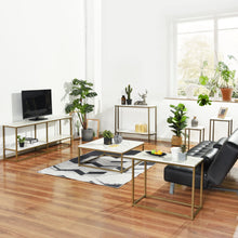 Load image into Gallery viewer, Homy Casa 39.4 in. White Manufactured Wood Top Half Moon Gold Metal Frame Console Table
