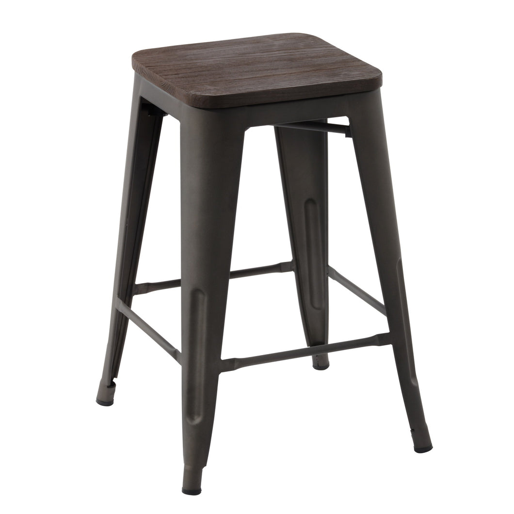 HomyCasa Set of 2 Industrial 24 Inch Metal Counter Height Stools with Solid Wood Seat, Tolix Style Backless Stackable Stools for Kitchen, Bistro, Pub