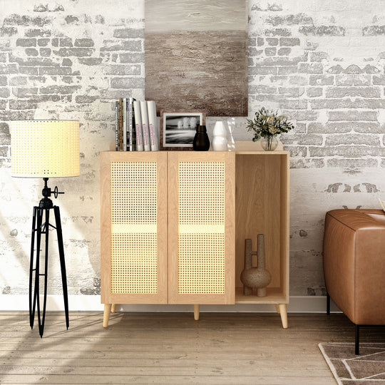 Pythia  43.3' Tall Faux rattem 2 Door Accent Cabinet-HOMY CASA
