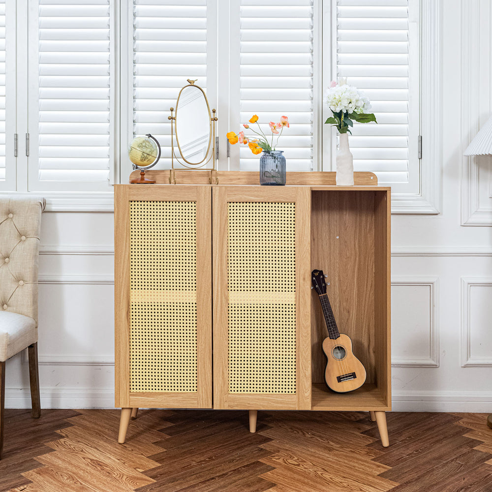 Pythia  43.3' Tall Faux rattem 2 Door Accent Cabinet-HOMY CASA