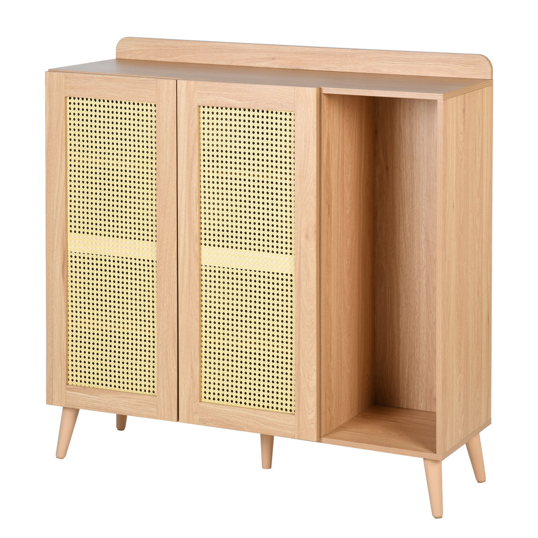 Pythia  43.3' Tall Faux rattem 2 Door Accent Cabinet-HOMY CASA