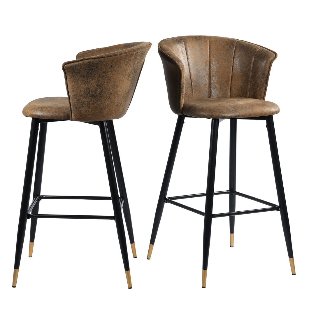 26''/30'' Vintage Brown Counter Bar Stool Set of 2 with Armrest, Suede Seat Bar Chair& Back with Black Golden Legs, Kitchen Island