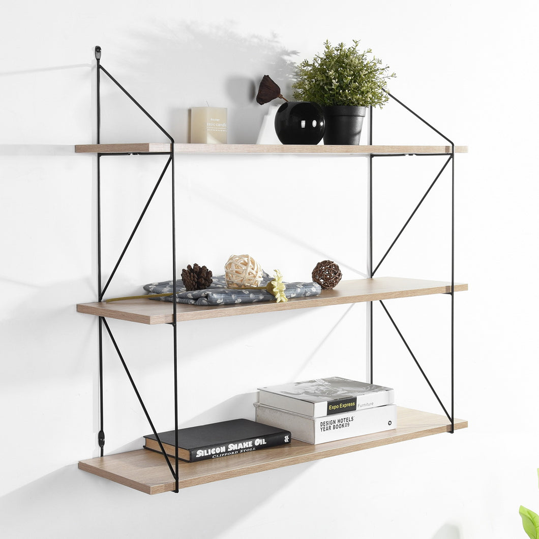 Wall-mounted storage shelf with 3 levels in light wood effect and black - TERZO